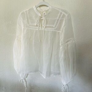H&M White Sheer Peasant Blouse with Tie Neck